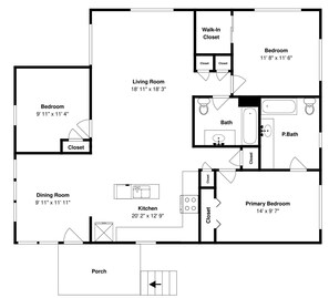 Ein Grundriss eines Hauses mit Schlafzimmer, Wohnzimmer, Esszimmer, Küche, Hauptschlafzimmer, begehbarer Kleiderschrank und einer Veranda.