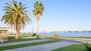 A waterfront park with a paved walkway, palm trees, and a small building with a glass facade. - Attitude Adjustment by Miss Kitty’s (Rockport)