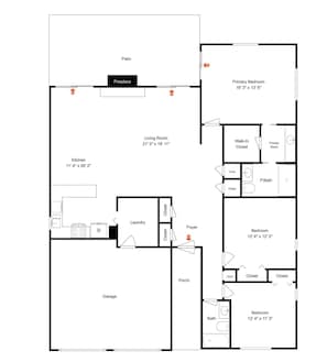 Plano de planta que muestra un patio, chimenea, cocina, lavandería, garaje, sala de estar, vestidor, baño de visitas, baño completo y dos dormitorios.