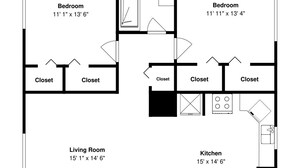 A floor plan of a house with two bedrooms, a bathroom, a kitchen, a living room, three closets, a pantry, and a porch. - Bayside Blessing by Miss Kitty’s (Rockport)
