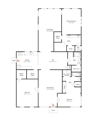 A floor plan of a house with a patio, kitchen, dining room, two bedrooms, a bathroom, and a living room. - Knot A Care by Miss Kitty’s (Rockport)