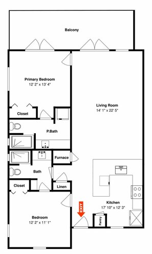 Un plan d’étage d’un appartement comprenant un balcon, une chambre principale, un salon, une cuisine et deux salles de bain.