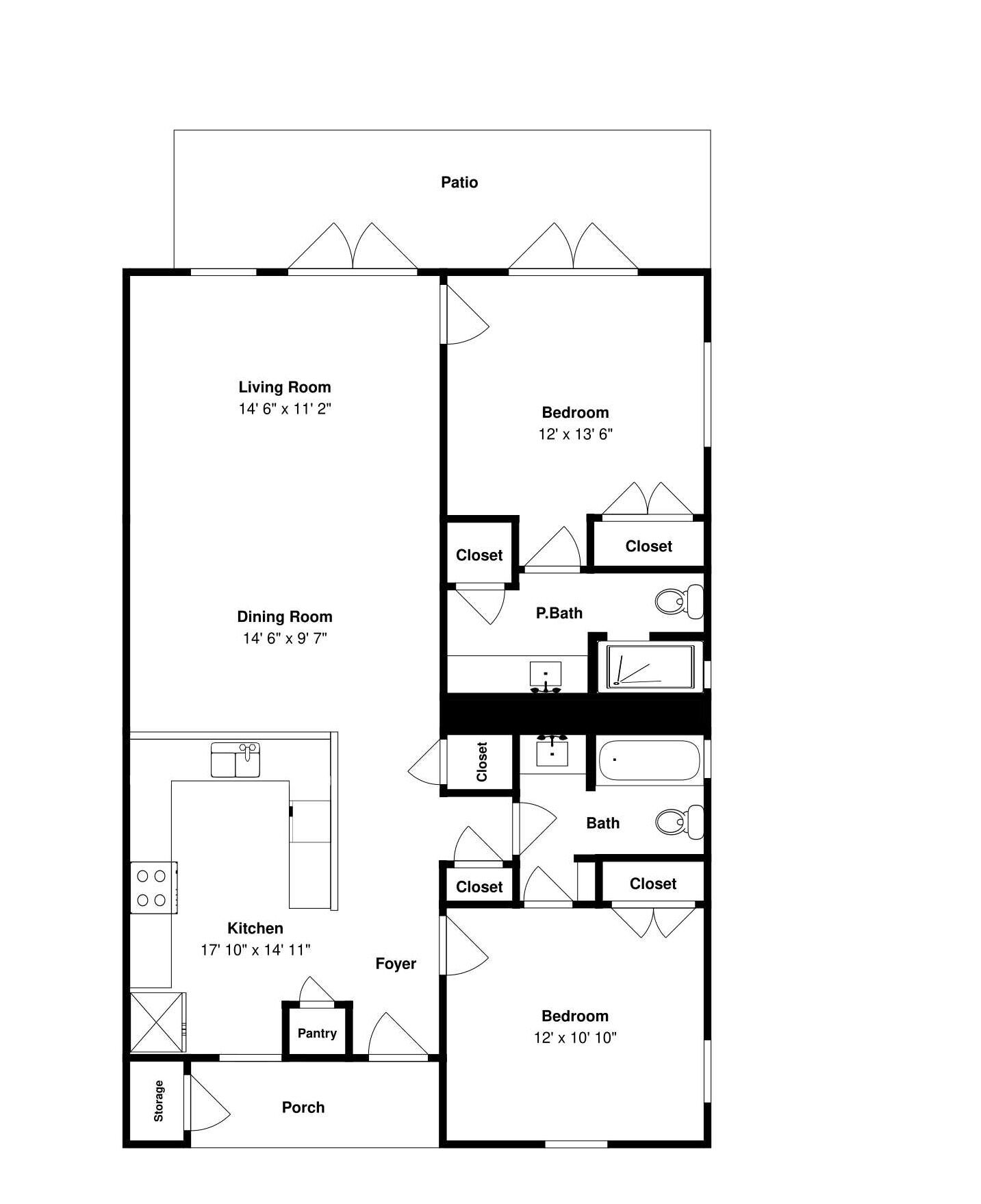 Ein Grundriss mit Wohnzimmer, Esszimmer, Küche, zwei Schlafzimmern, einem Badezimmer, einer Speisekammer und einem Abstellraum.