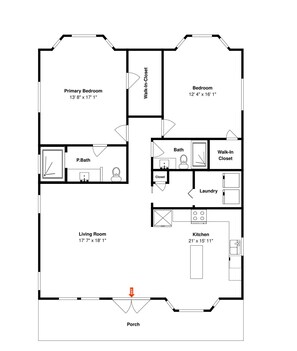 Planta baixa mostrando um quarto principal, um quarto secundário, sala de estar, cozinha, banheiro e um closet espaçoso.