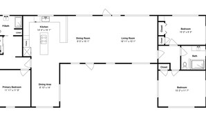 Plano de planta de una habitación de hotel con habitación principal, habitación secundaria, comedor, cocina, sala de estar, baño y armario.