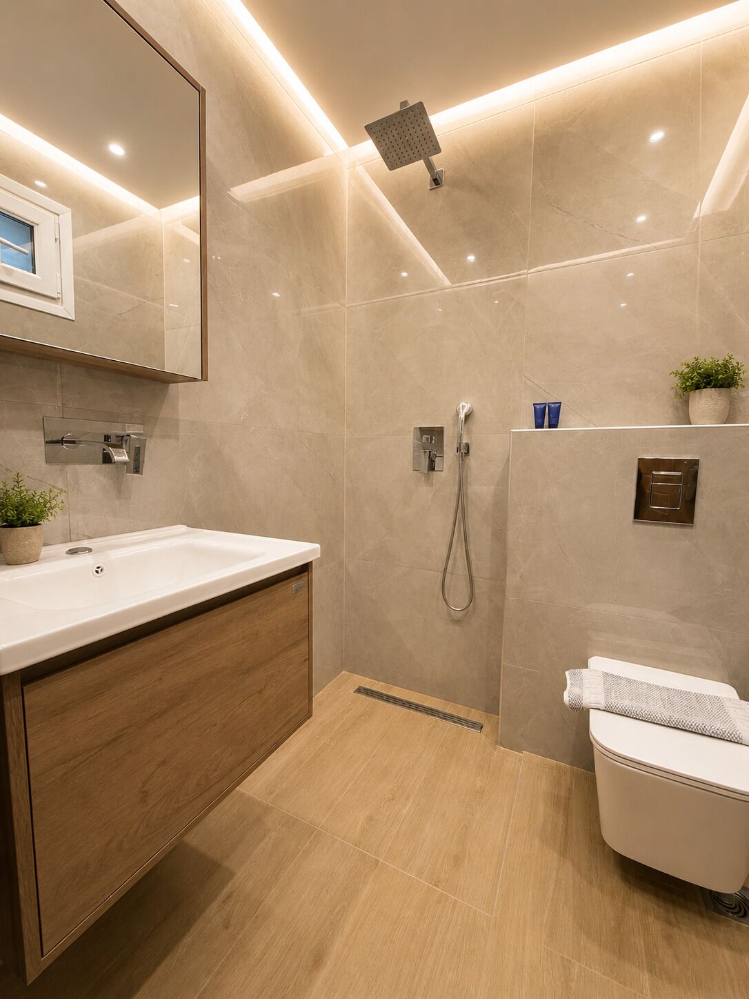 Ein modernes Badezimmer mit großem Spiegel, Dusche, Toilette und Waschbecken.