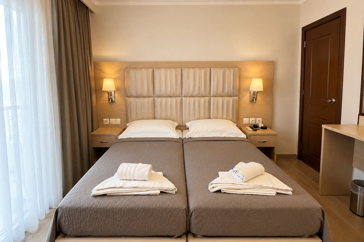 A double room with two beds, bedside lamps, a desk, and a door.
