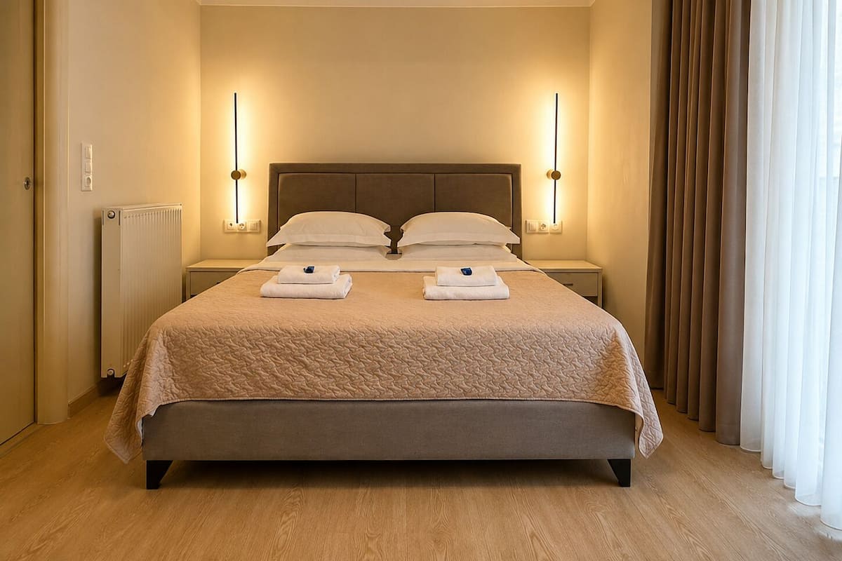 A hotel room with a large bed, two bedside tables, a radiator, and curtains.