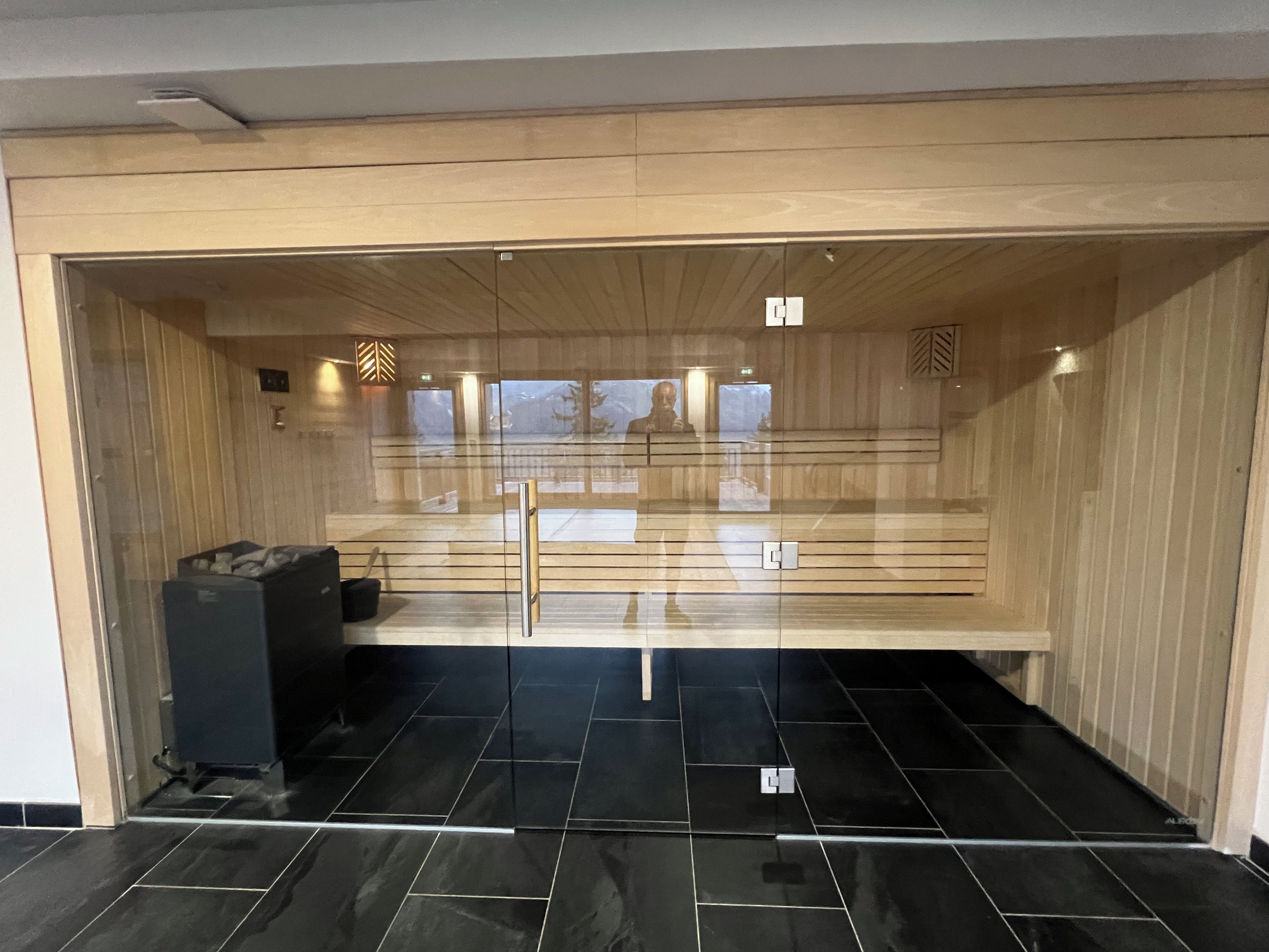 A sauna room with a glass door, wooden walls, and a black tiled floor.