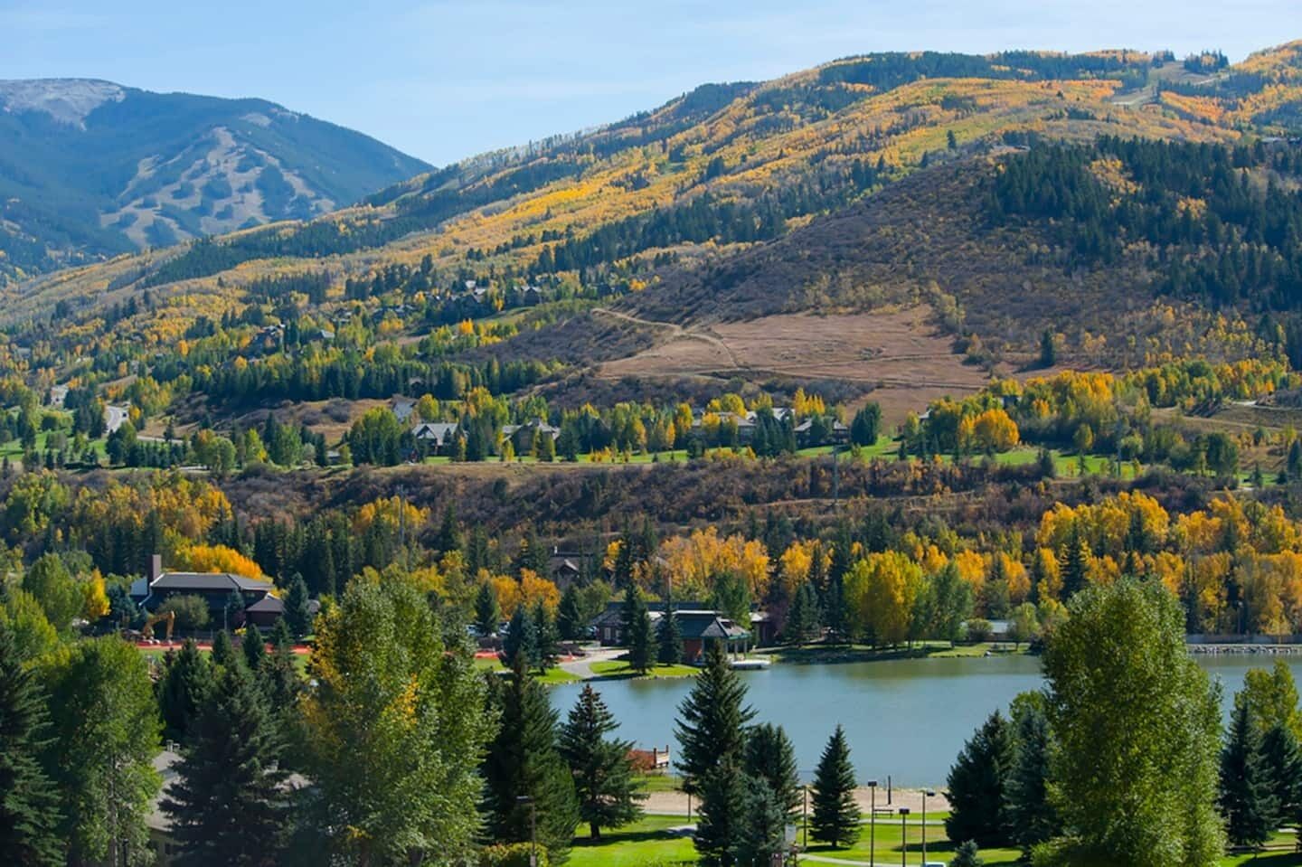 Ein malerischer Blick auf eine Uferlandschaft mit Häusern und Bäumen in Herbstfarben.