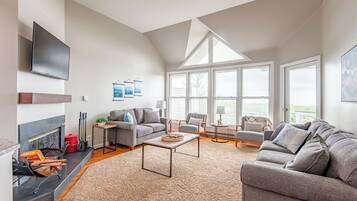 Smart TV, fireplace, books