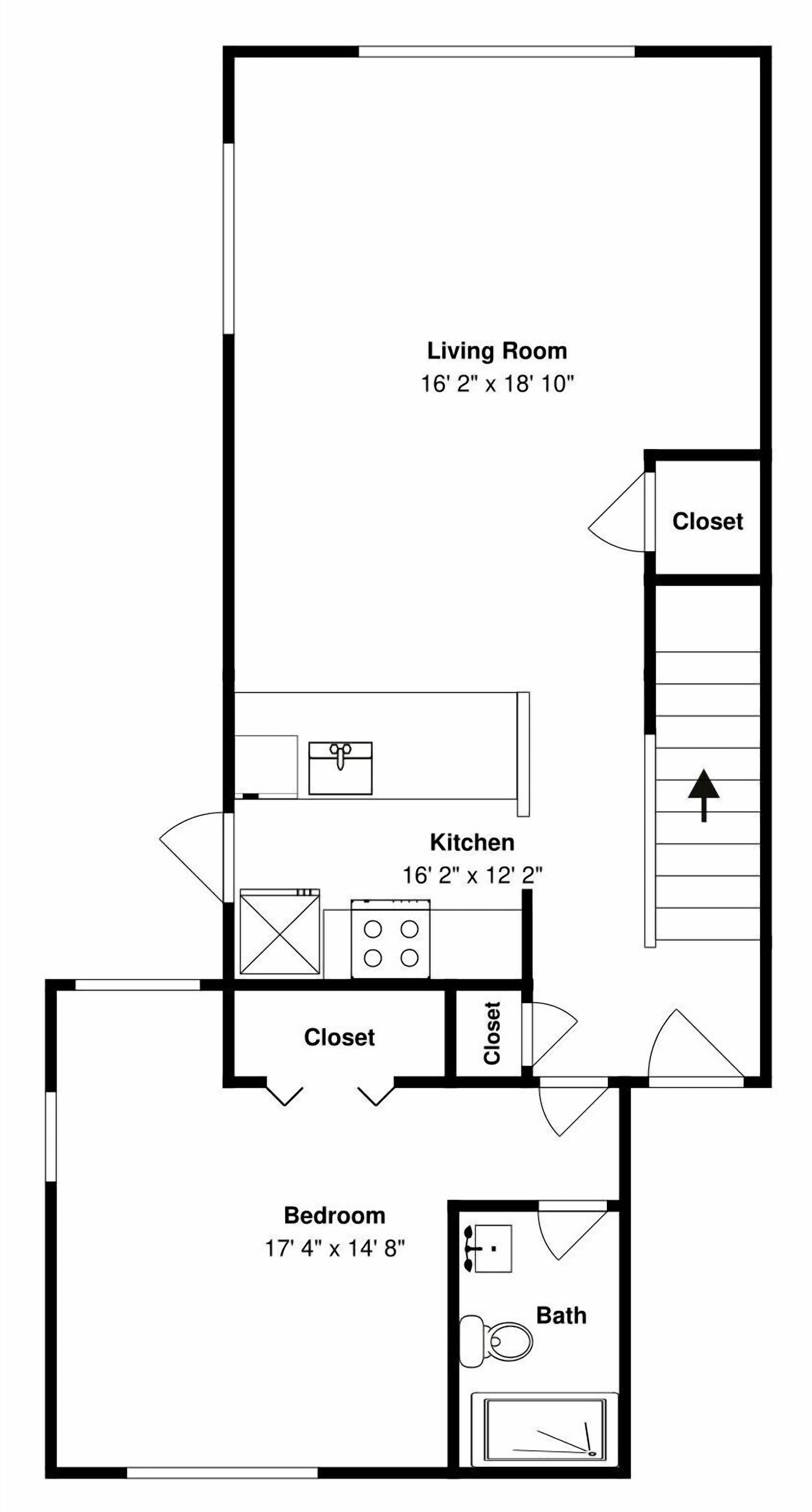 Plano de planta de una casa que muestra una sala de estar, cocina, dos armarios, un dormitorio y un baño.