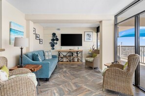 Condo, 1 King Bed with Sofa bed, Patio (Salty Pelican - Pet Friendly) | Living area - Laguna Reef by Miss Kitty’s (Rockport)