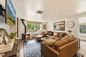 Smart TV, fireplace, books, stereo