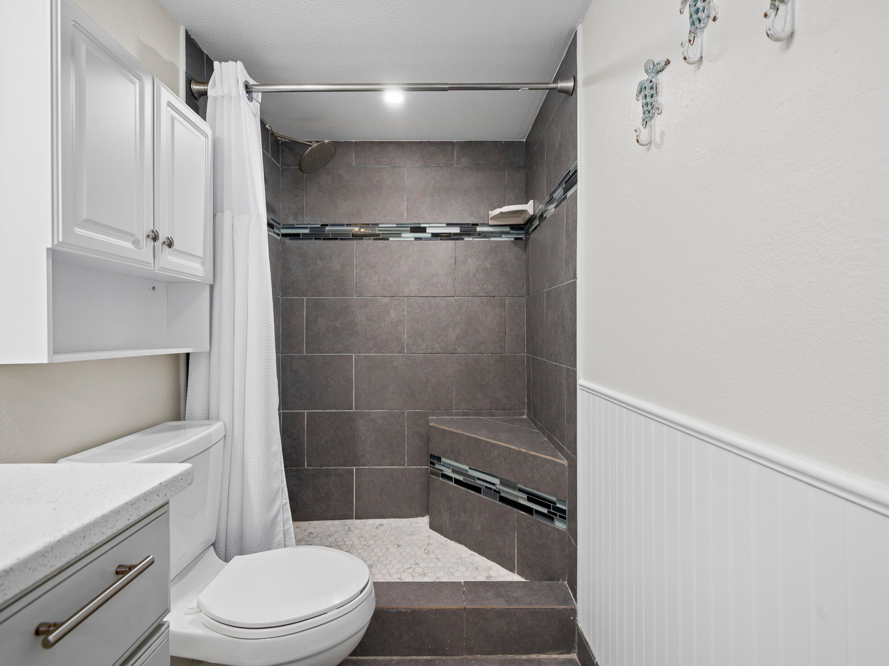 A bathroom with a shower, toilet, and vanity.