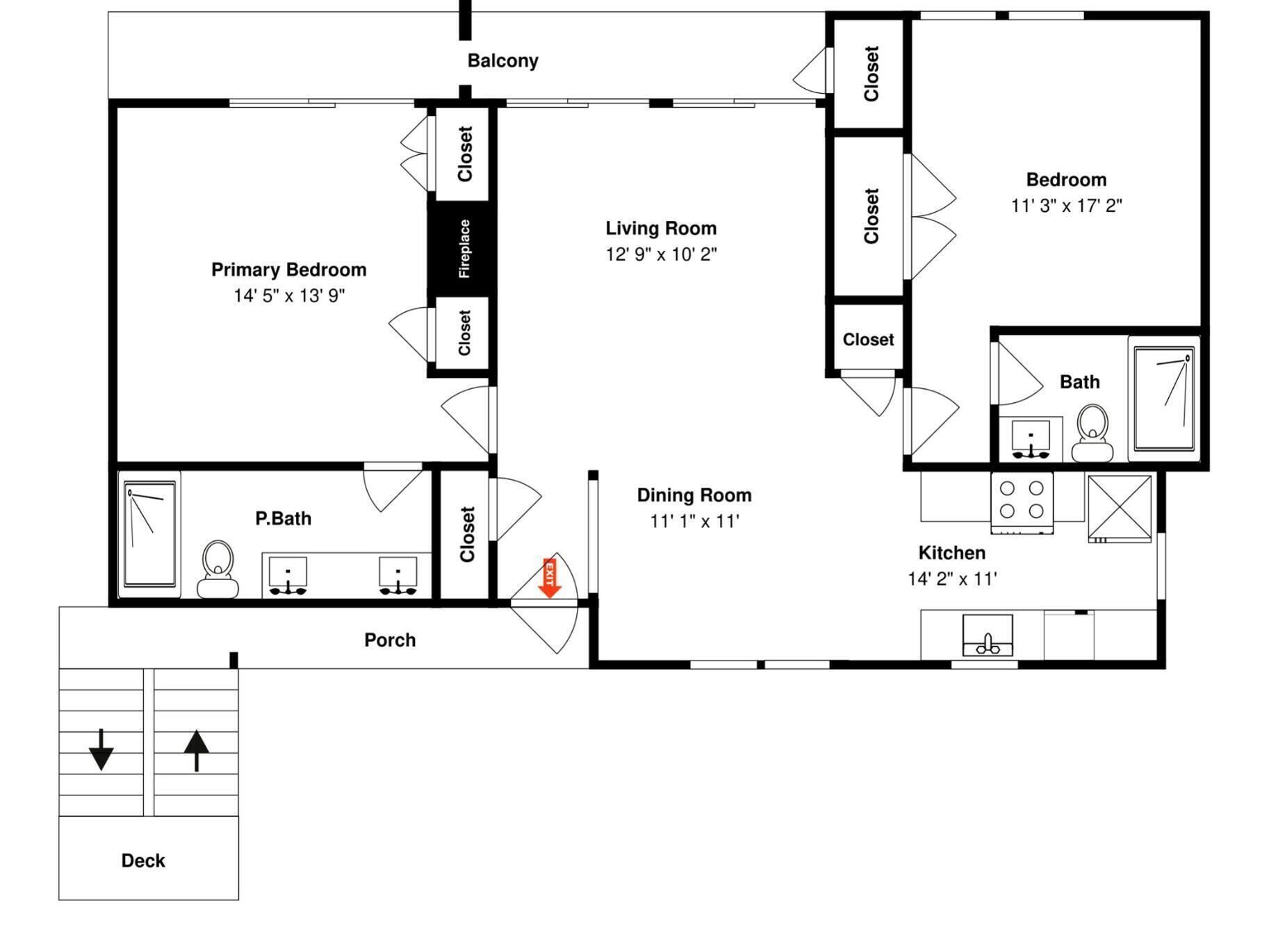 A floor plan of a property with a primary bedroom, living room, dining room, kitchen, bathroom, and a balcony.