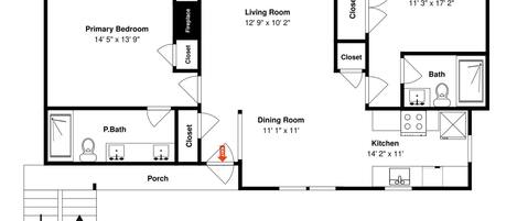 A floor plan of a property with a primary bedroom, living room, dining room, kitchen, bathroom, and a balcony.