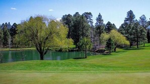 Un campo de golf con un estanque y árboles.