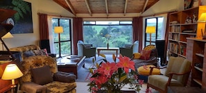 Televisio, takka, DVD-soitin, stereot