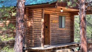A log cabin with a wooden door, a small window, and a sign reading "6 Horny Toad".