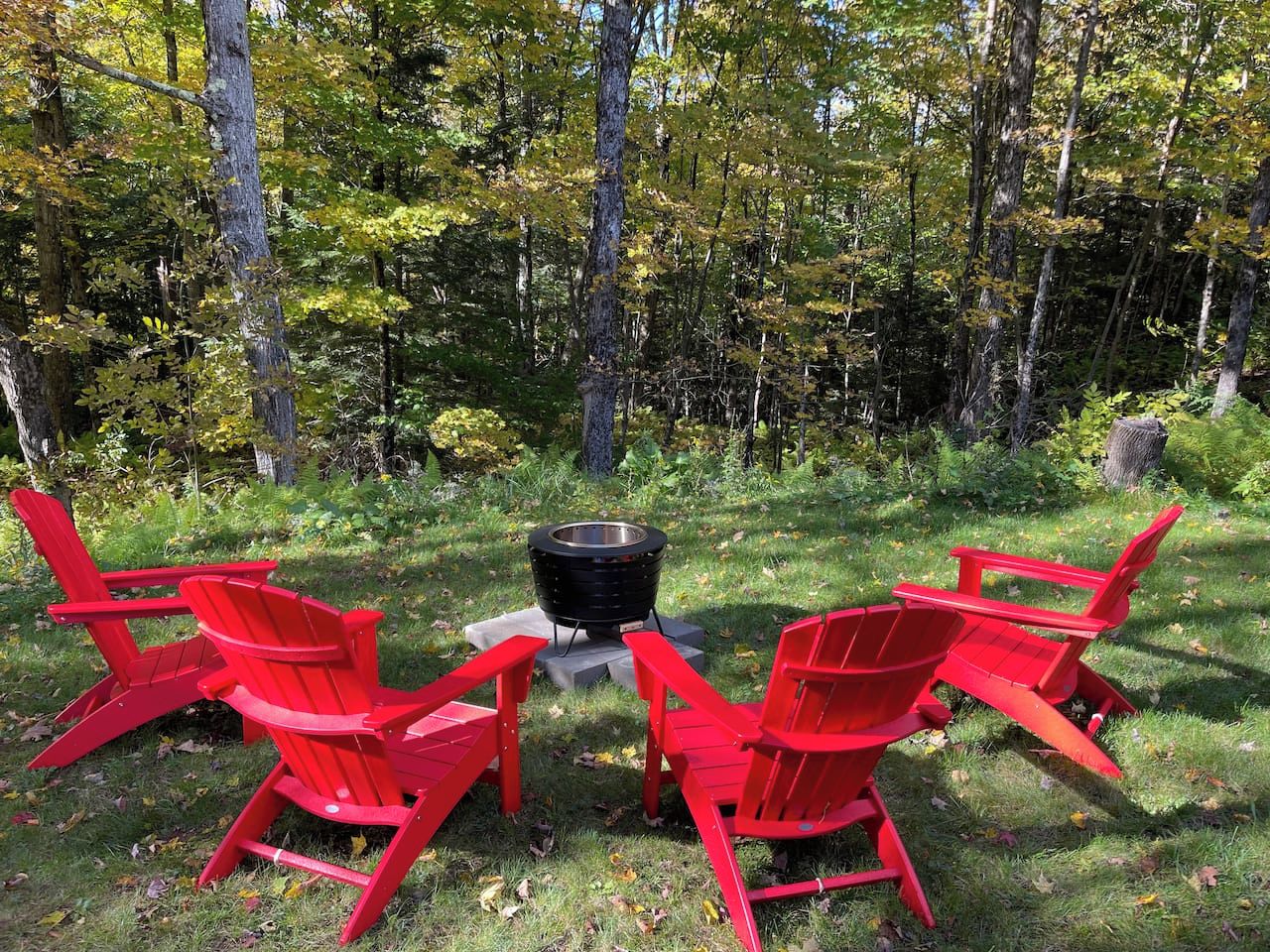 A campsite with a fire pit and four red Adirondack chairs arranged around it.