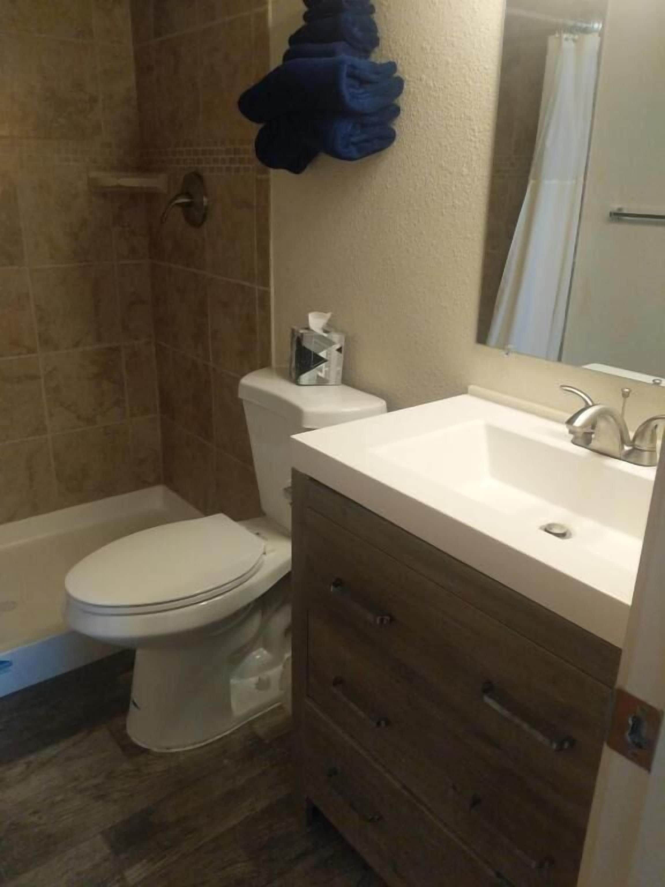 Une salle de bain comprenant des toilettes, un lavabo et un espace douche.