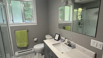 Combined shower/bathtub, hair dryer, towels, soap