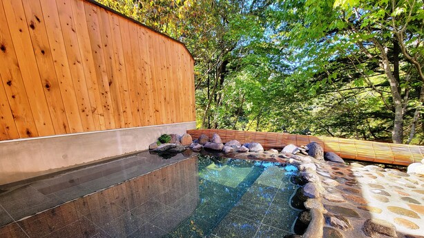Una piscina con cubierta de madera, rodeada de rocas y vegetación.