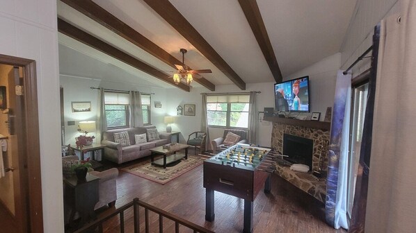 Smart TV, fireplace, video games, table football