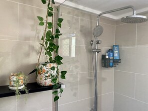 Douche, sèche-cheveux, serviettes fournies, savon