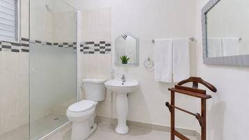 Shower, hydromassage showerhead, free toiletries, hair dryer