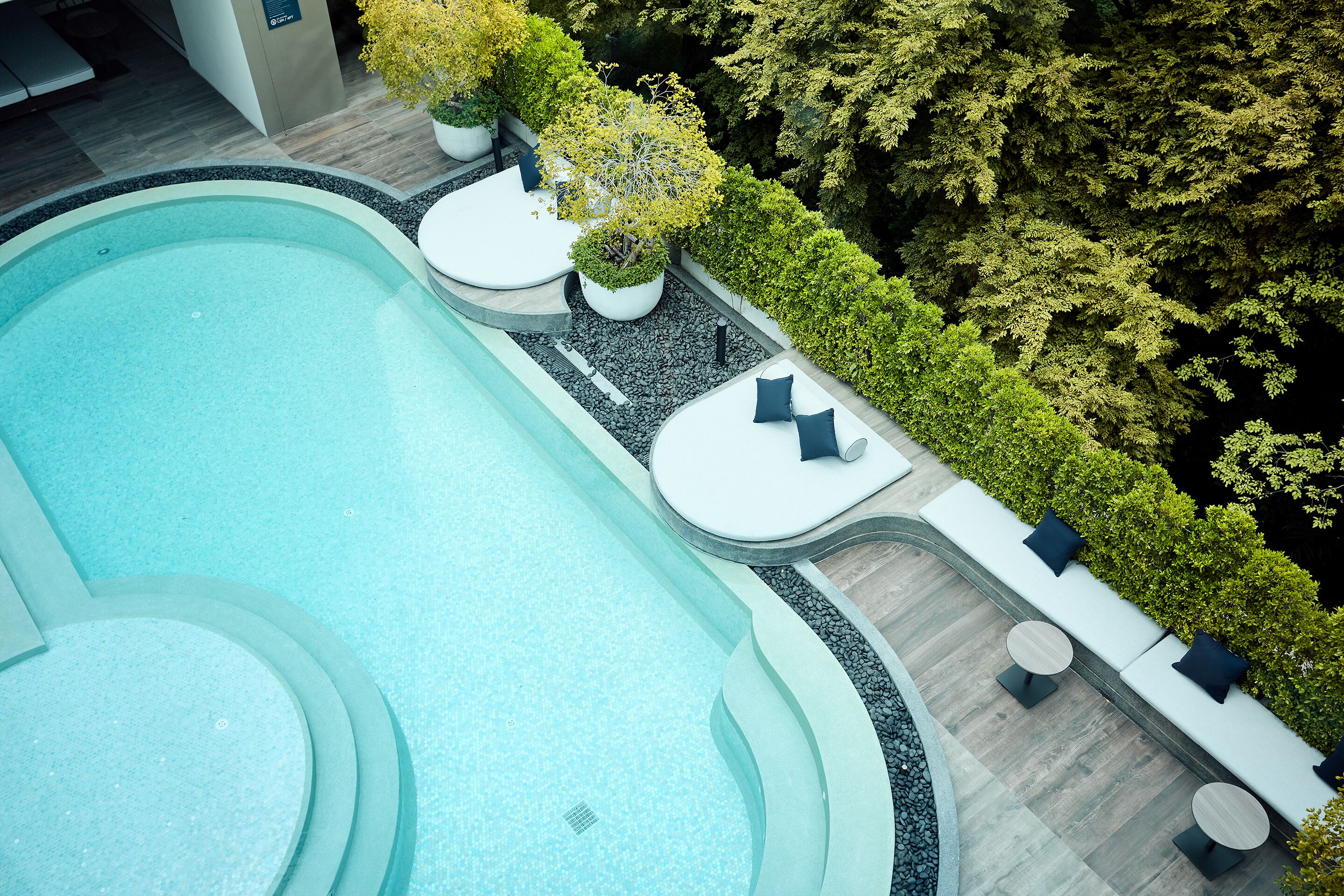 Un área de piscina moderna al aire libre con un diseño curvo, rodeada de setos bien cuidados y plantas en macetas.