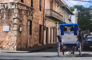 A street scene with a traditional rickshaw parked on the side of the road.