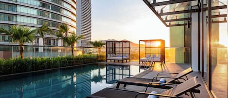 Outdoor pool, open 6:00 AM to 8:00 PM, sun loungers
