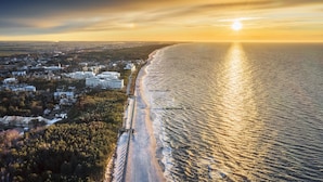 Vista aérea de una zona costera con playa, edificios y una área boscosa.