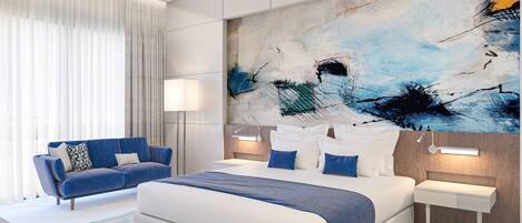 Una habitación de hotel moderna con una cama grande, un sofá azul y un cuadro abstracto de gran tamaño en la pared.