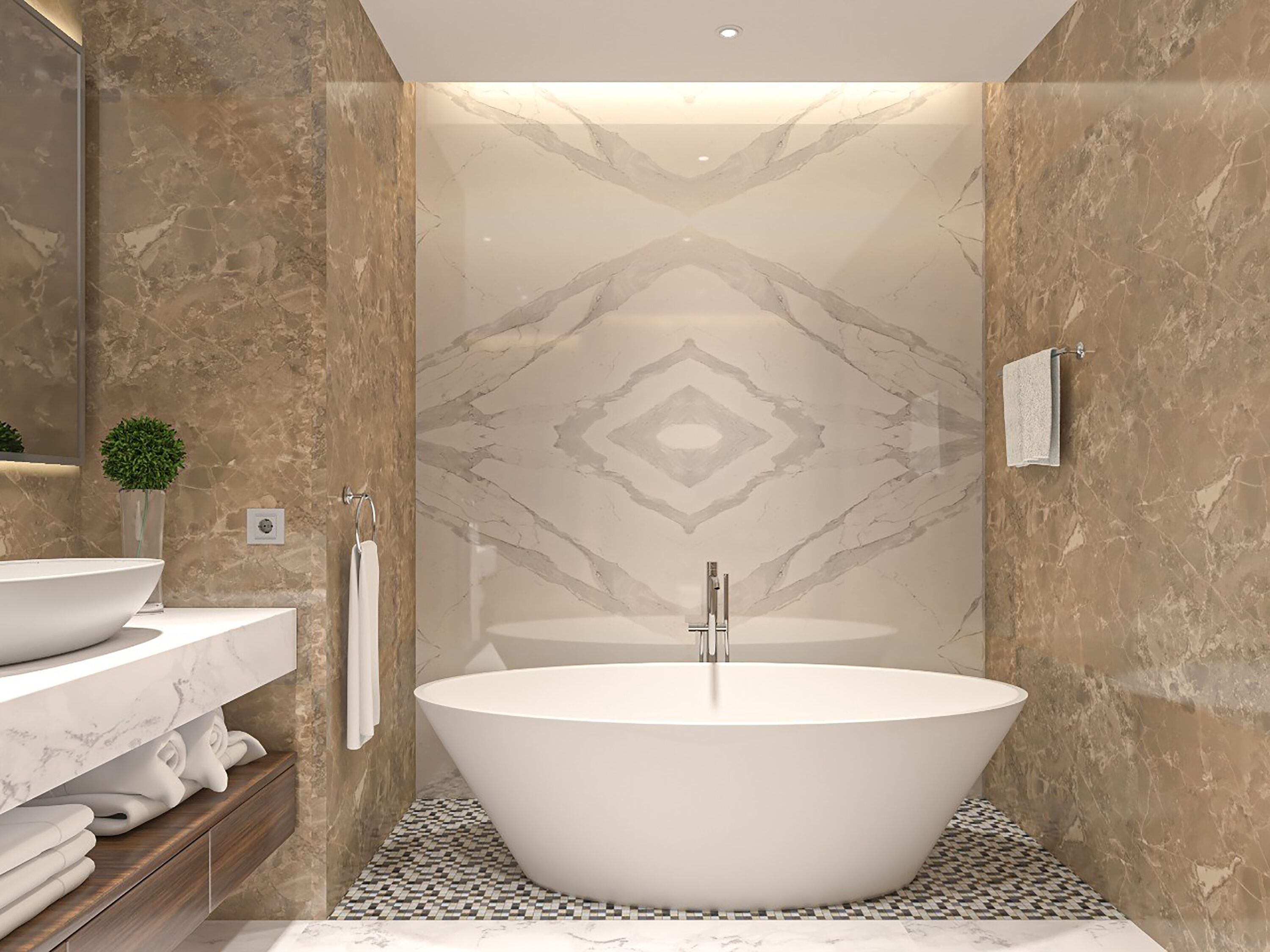 Une salle de bain moderne avec une baignoire sur pieds, des murs en marbre et un sol à motifs.