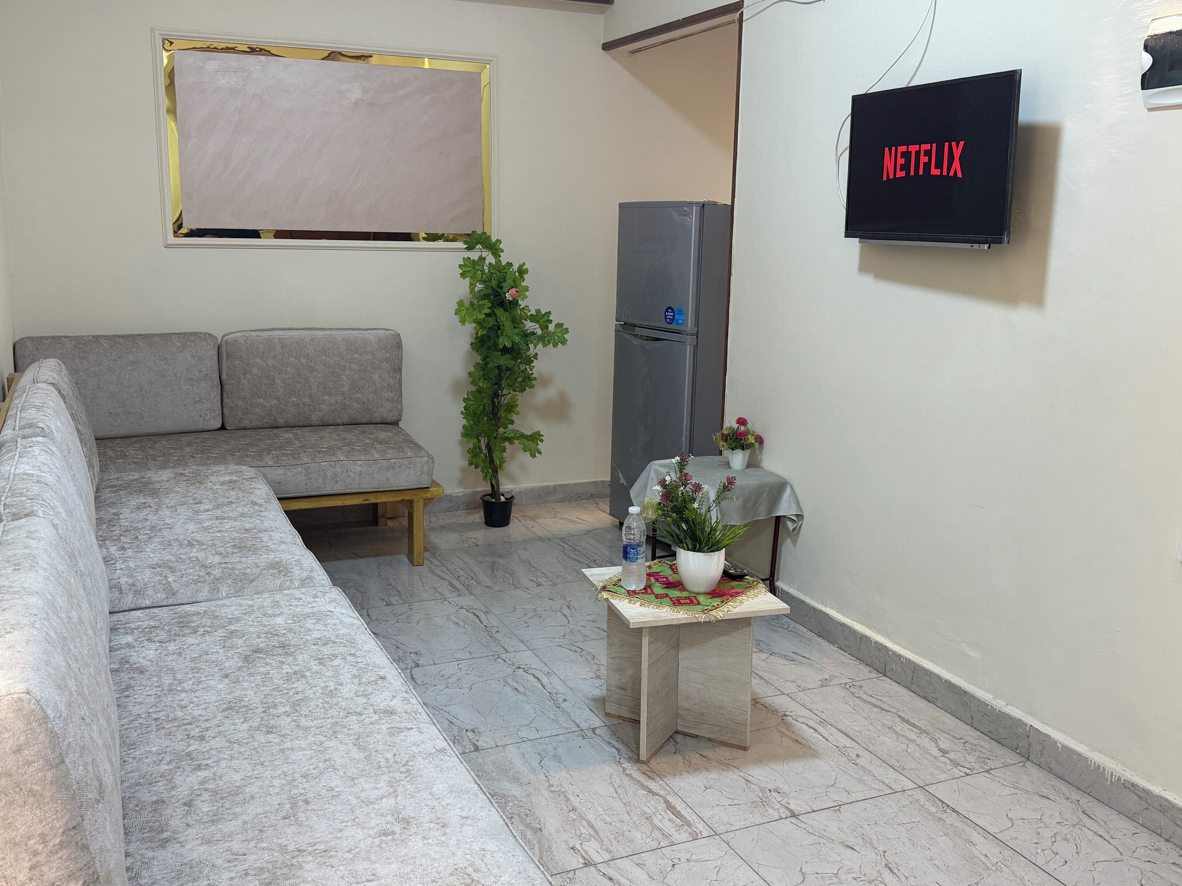 Una sala de estar con un sofá gris, una pequeña mesa de madera con una planta, una botella de agua y una pantalla de televisión mostrando 'NETFLIX'.