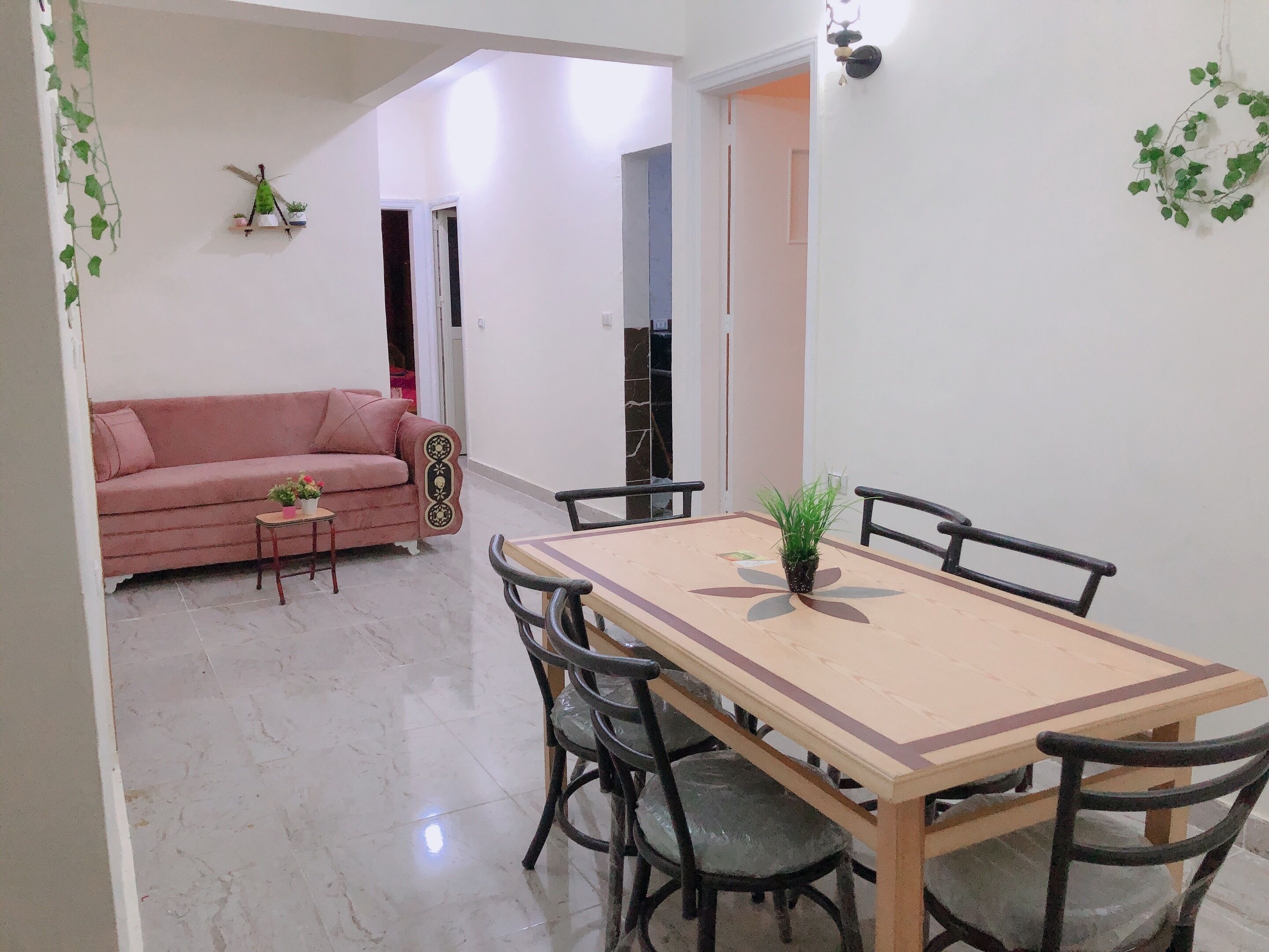 Uma área de refeições com mesa e cadeiras de madeira, um sofá rosa e uma pequena planta em vaso sobre uma mesinha lateral.