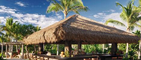A thatched-roof outdoor bar area with wooden stools and a concrete counter, surrounded by palm trees and tropical plants.