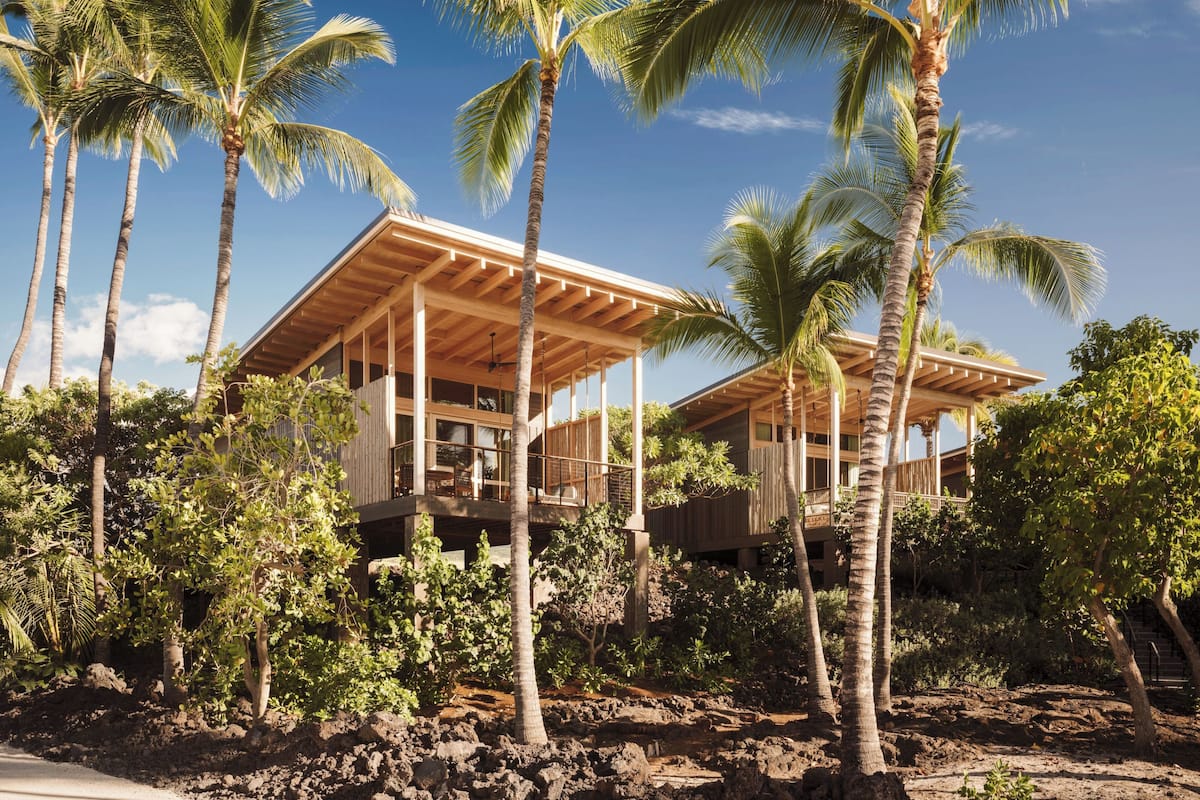 A modern house with a wooden deck, surrounded by palm trees and lush vegetation.
