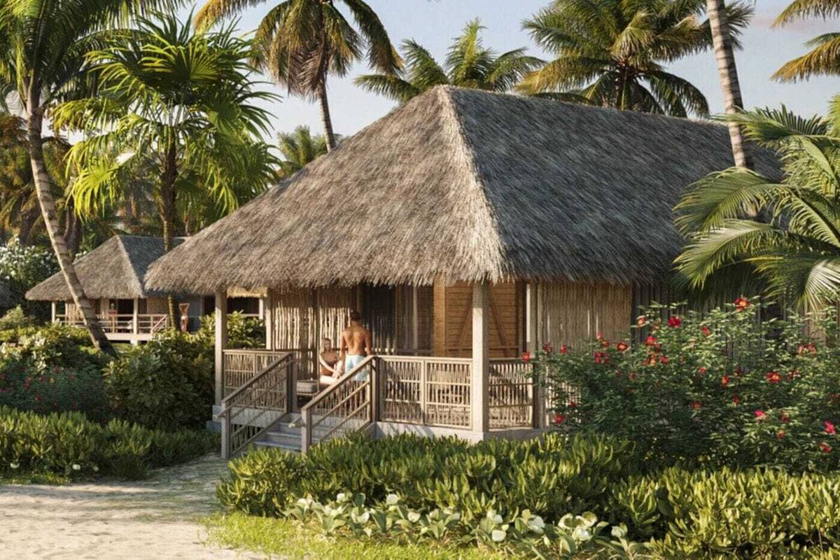 A thatched-roof bungalow with a wooden porch and stairs, surrounded by lush greenery and palm trees.