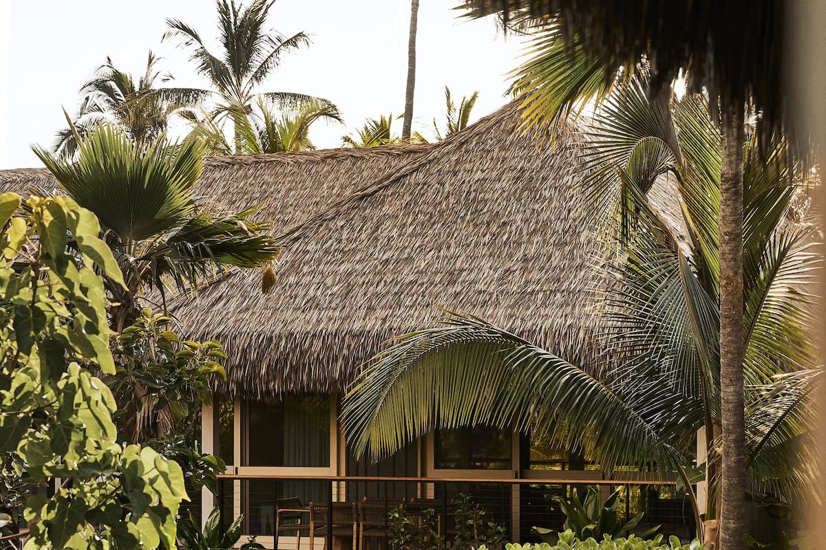 A thatched-roof building with a covered outdoor seating area, surrounded by lush greenery.