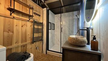 A wooden interior with a glass shower enclosure, a white toilet, and a sink with a marble basin.