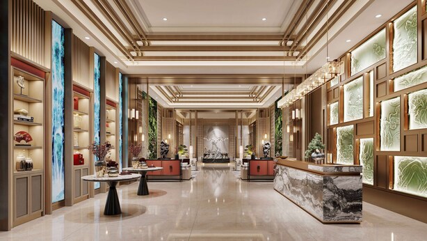 A spacious lobby with a marble reception desk, high ceilings with wooden paneling, and decorative wall panels. - Ramada Encore by Wyndham Xishuangbanna Jinghong (Xishuangbanna Dai)