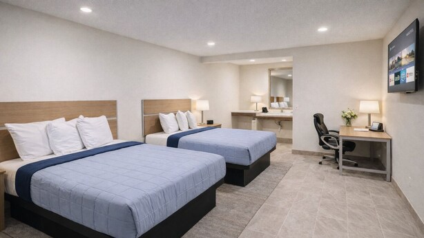 A hotel room with two beds, a desk, a chair, a mirror, and a TV.