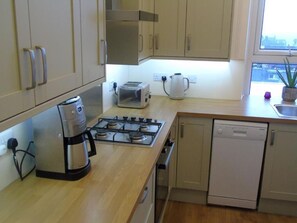 Full-size fridge, microwave, oven, dishwasher