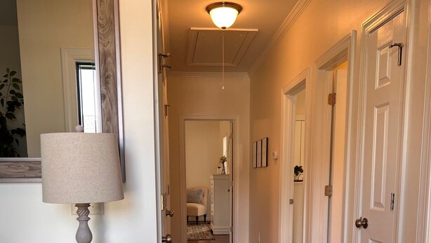 A hallway with wooden floors, white doors, and a lamp on a cabinet. - Cozy home near RDU, RTP, Angus Barn & downtown! Pet Friendly! Level-2 EV Charger (Raleigh)