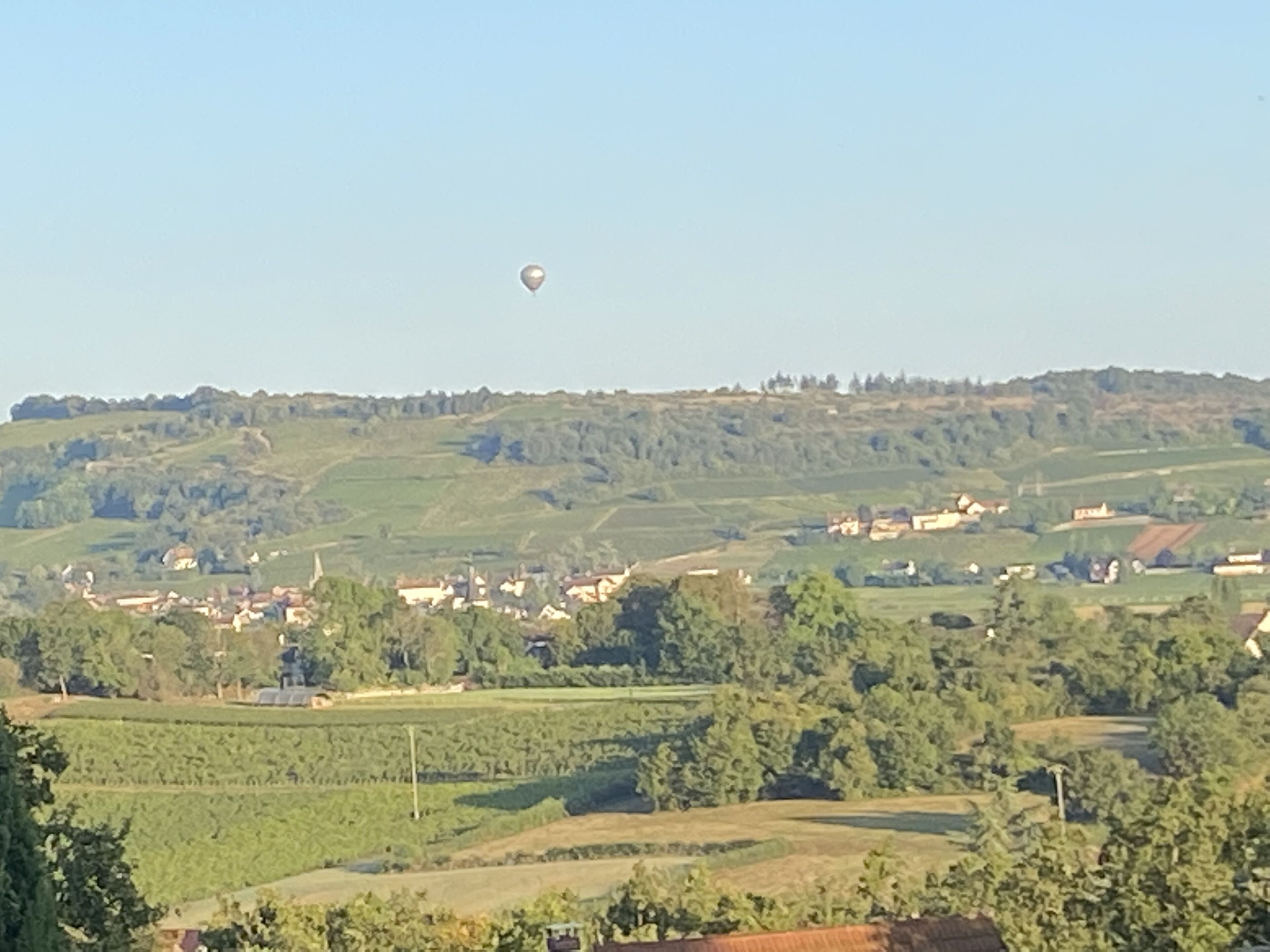Un ballon à air chaud dans le ciel, au-dessus d’un paysage rural avec des maisons et des champs.