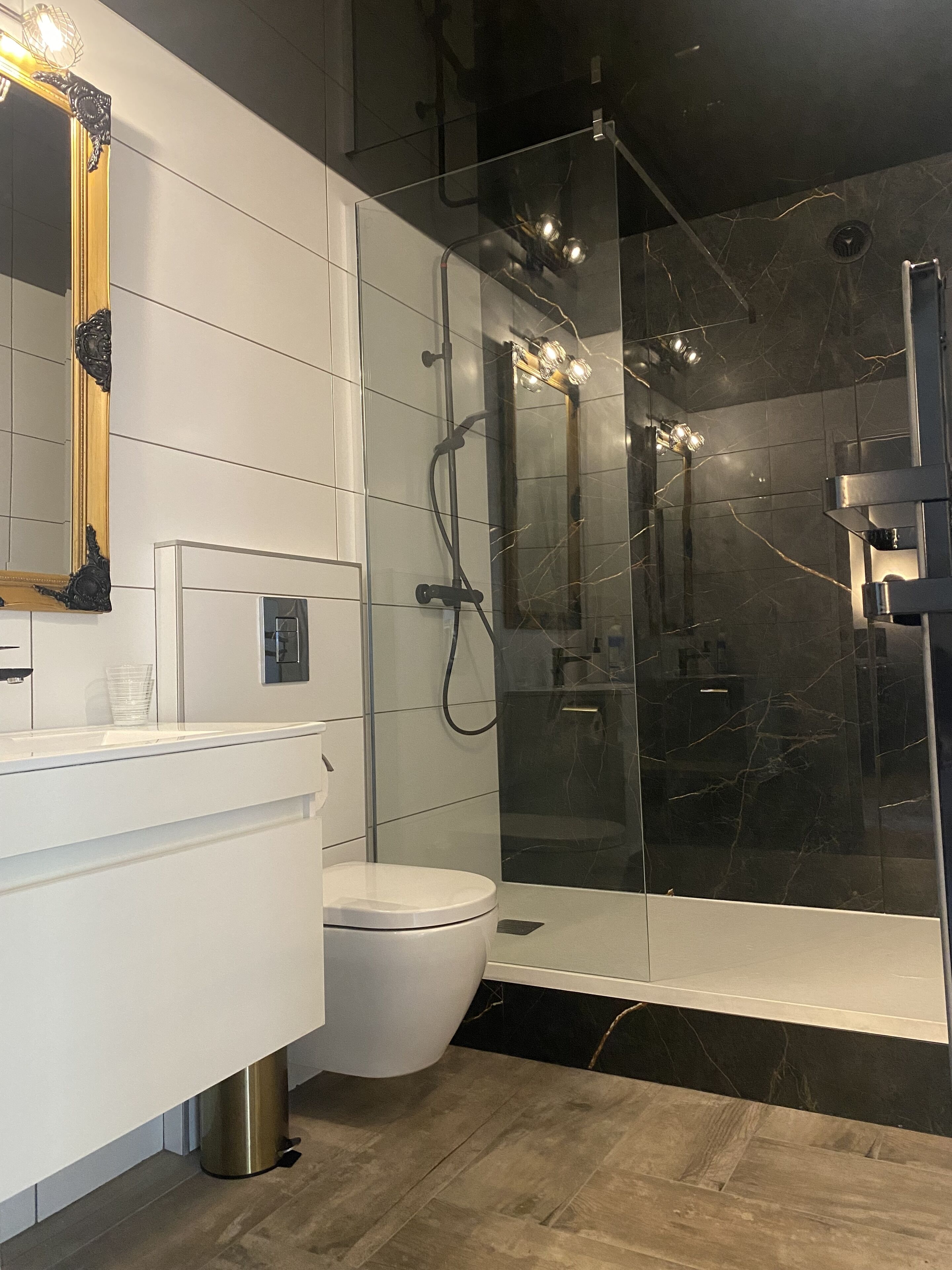 Shower, jetted tub, hair dryer, towels